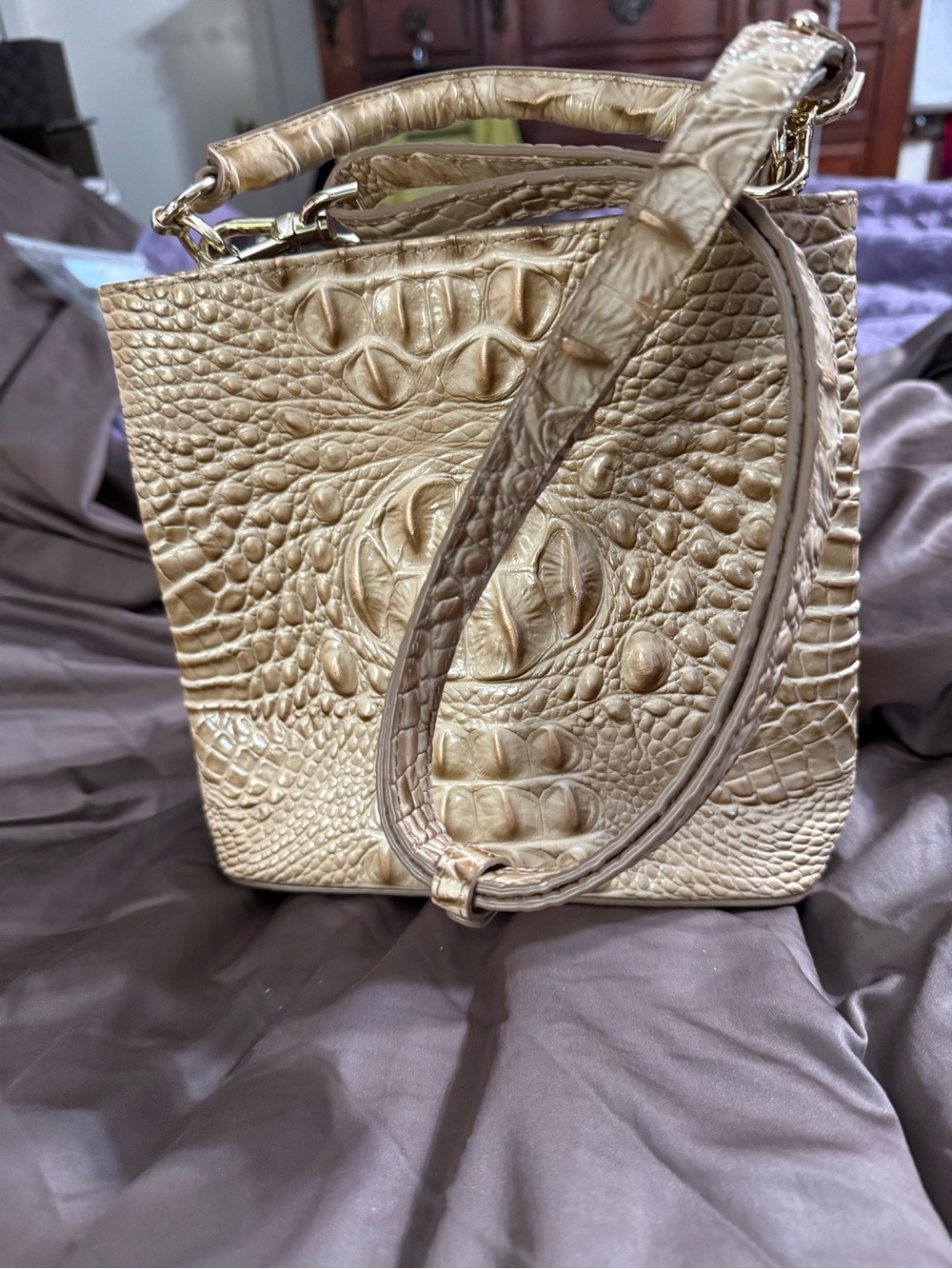 Brahmin Croc-Embossed Metallic Gold Satchel with Top Handle